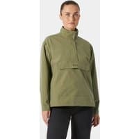 Green Helly Hansen women's anorak with high collar, front flap pocket, and relaxed fit.