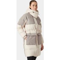 White Helly Hansen women's down coat with hood, gray accents, and waist belt, size S.