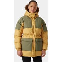 Beige Helly Hansen women's down parka, XL, with hood, front zipper, and large green pockets.