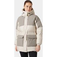 White Helly Hansen women's down parka with hood, large front pockets, and quilted design.