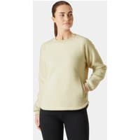 White Helly Hansen women's teddy sweater, long sleeves, crew neck, soft fleece texture, size L.