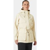 White Helly Hansen women's raincoat, XL, with hood, front zipper, adjustable waist, and large front pockets.