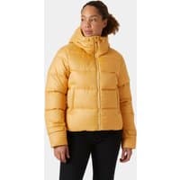 Beige Helly Hansen women's down jacket with hood, quilted design, and front zipper closure.