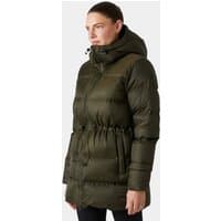 Green Helly Hansen Women's Essence Down Parka XL with hood, front zipper, and adjustable waist.