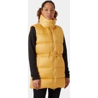 Beige Helly Hansen women's down vest, quilted design, high collar, sleeveless, front zipper, size L.