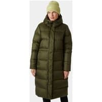 Green Helly Hansen women's long down coat with hood, quilted pattern, and front zipper closure.