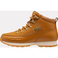Brown Helly Hansen women's winter boot with gold eyelets, logo on side, padded collar, and rugged sole.