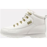 White Helly Hansen women's winter boots, size 5.5, with gold eyelets, padded collar, and embossed logo.