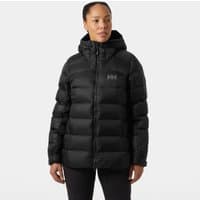 Black Helly Hansen women's down jacket with hood, quilted design, and front zipper, size M.
