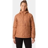 Beige Helly Hansen women's anorak with hood, quilted design, and front pocket, size L.