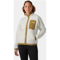 White Helly Hansen women's fleece jacket with brown trim, chest pocket, and snap buttons, size XL.
