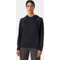 Gray Helly Hansen women's hoodie with long sleeves, drawstring hood, and relaxed fit, size small.