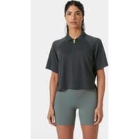 Gray Helly Hansen women's crop polo with short sleeves, zip front, and relaxed fit, size XL.