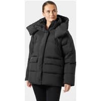 Black Helly Hansen women's puffer jacket with large hood, quilted design, and front zipper closure.