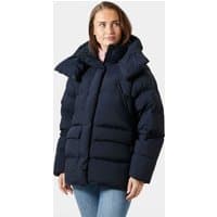 Navy Helly Hansen women's puffer jacket, down-filled, with high collar and quilted design, size XL.