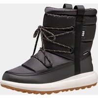 Black Helly Hansen women's boot with padded upper, lace-up front, white sole, and brown tread.