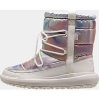 White Helly Hansen women's boot with iridescent upper, padded ankle, lace-up front, and textured sole.