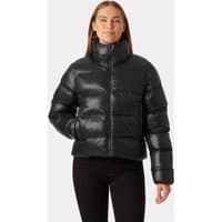 Black Helly Hansen women's puffer jacket, high collar, quilted design, front zipper, size XL.