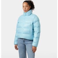 Blue Helly Hansen women's puffer jacket with high collar, quilted design, and zip pockets, size small.