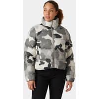 Grey Helly Hansen women's puffer jacket with abstract black and white pattern, high collar, and front zipper.