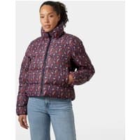 Navy Helly Hansen women's puffer jacket with high collar, front zipper, and quilted design, size M.