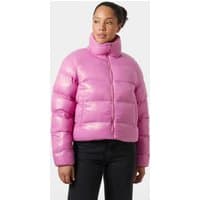 Pink Helly Hansen women's puffer jacket with high collar, quilted design, and front zipper.