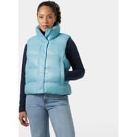 Blue Helly Hansen women's puffer vest with high collar, front zipper, and two side pockets, size XL.