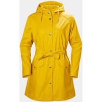 Yellow Helly Hansen women's raincoat, hooded, with front buttons, waist tie, and two pockets, size XL.