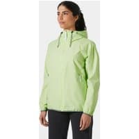 Green Helly Hansen women's rain jacket with hood, front zipper, and adjustable cuffs, size M.