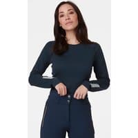 Navy Helly Hansen women's base layer, long sleeves, crew neck, lightweight fabric, subtle logo on sleeves, size XL.