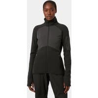 Black Helly Hansen women's midlayer jacket with high collar, full zip, and thumbholes, size XL.