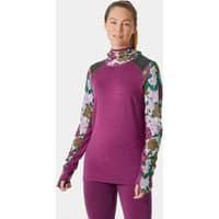 Pink Helly Hansen women's hoodie with floral sleeves, LIFA® Merino midweight fabric, and integrated balaclava.