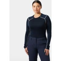 Navy Helly Hansen women's base layer with white stitching, long sleeves, crew neck, midweight fabric, size M.