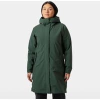 Green Helly Hansen women's insulated raincoat with hood, front zipper, and mid-thigh length, size M.