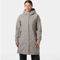 Grey Helly Hansen women's insulated raincoat with hood, front zipper, and two side pockets, size L.