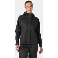 Black Helly Hansen women's Loke Jacket 2.0 with hood, front zipper, and adjustable cuffs, size L.