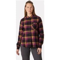Purple plaid flannel shirt, long sleeves, button-up, chest pocket, Helly Hansen Women's Lokka Organic, size XS.