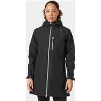 Black Helly Hansen women's rain jacket, 3/4 length, with hood, front zipper, and chest pocket, size XL.