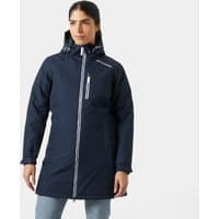 Navy Helly Hansen women's long insulated winter jacket with hood, front zipper, and chest pocket, size XL.
