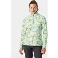Green Helly Hansen women's fleece with abstract print, quarter zip, high collar, long sleeves, and relaxed fit.