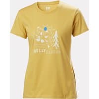 Beige Helly Hansen women's T-shirt with mountain graphic and tree design, size M.