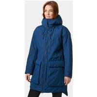 Blue Helly Hansen women's winter parka with hood, front zipper, and large pockets, size S.