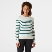 Green and white striped Helly Hansen women's wool sweater, crew neck, long sleeves, medium size.