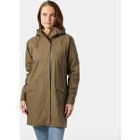 Brown Helly Hansen women's waterproof raincoat, hooded, long sleeves, front pockets, size XL.
