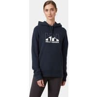 Navy Helly Hansen women's hoodie with white logo, drawstring hood, and front pocket, size L.