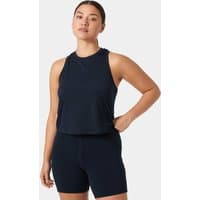 Navy blue Helly Hansen women's cropped tank top, sleeveless, round neck, lightweight fabric, size XL.