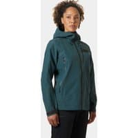 Green Helly Hansen women's shell jacket with hood, zippered pockets, and adjustable cuffs, size XS.