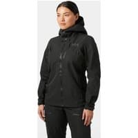 Black Helly Hansen women's shell jacket, hooded, zippered front, waterproof fabric, XS size.