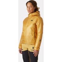 Beige Helly Hansen women's hooded down jacket, quilted design, front zipper, logo on chest, size XL.