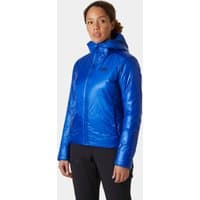 Blue Helly Hansen women's hooded down jacket with front zipper and logo on chest, size M.
